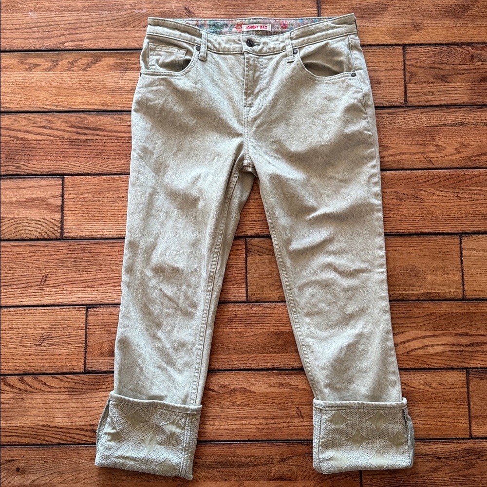Johnny Was Jeans Womens 27 Cuffed‎ Boyfriend Midrise Green Embroidered Relaxed